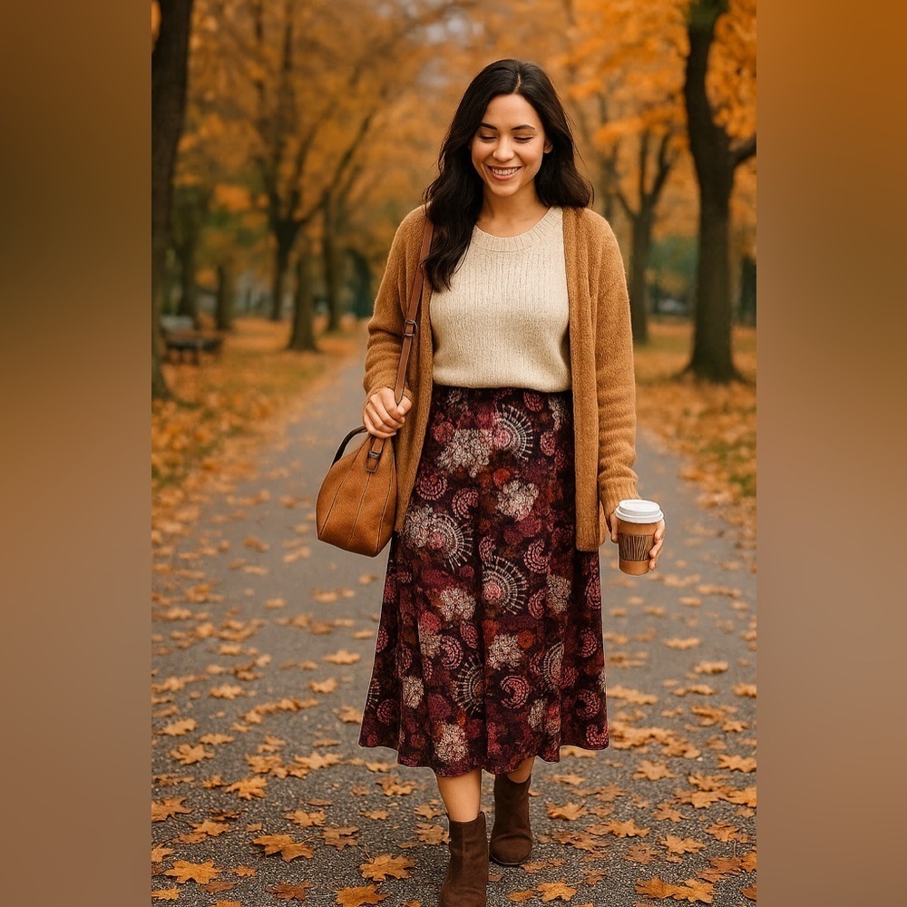 Christopher & Banks Midi Skirt 12 Y2K Fall Floral Academia Cottagecore - Picture 2 of 11
